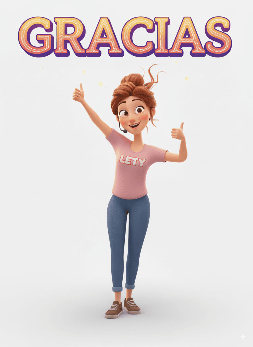Image of a 3D character with thumbs up and a Gracias text over her head.